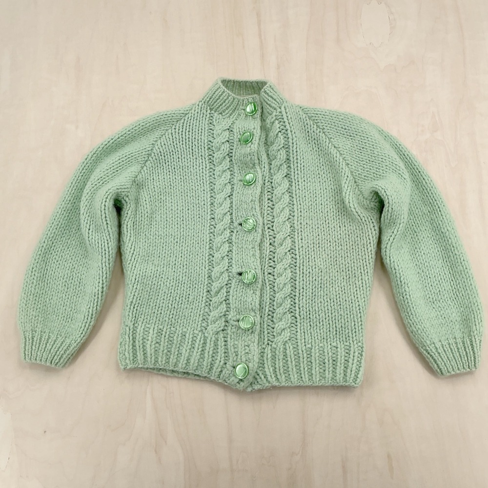 Cardigan Kids M Mint Green Hand Knit Cable Wool Vintage Cottagecore